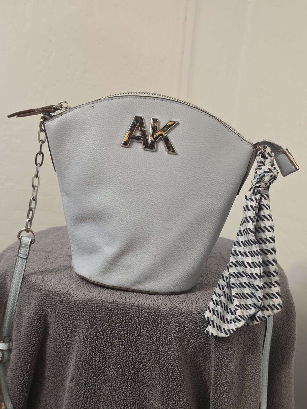 Anne Klein Light Gray Crossbody with Scarf Accent and AK Logo